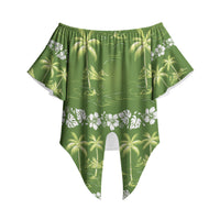 Olive Green Hawaii Palm Tree Hibiscus Off Shoulder Wrap Waist Top Fantasy Summer Vibe LT01 - Polynesian Pride