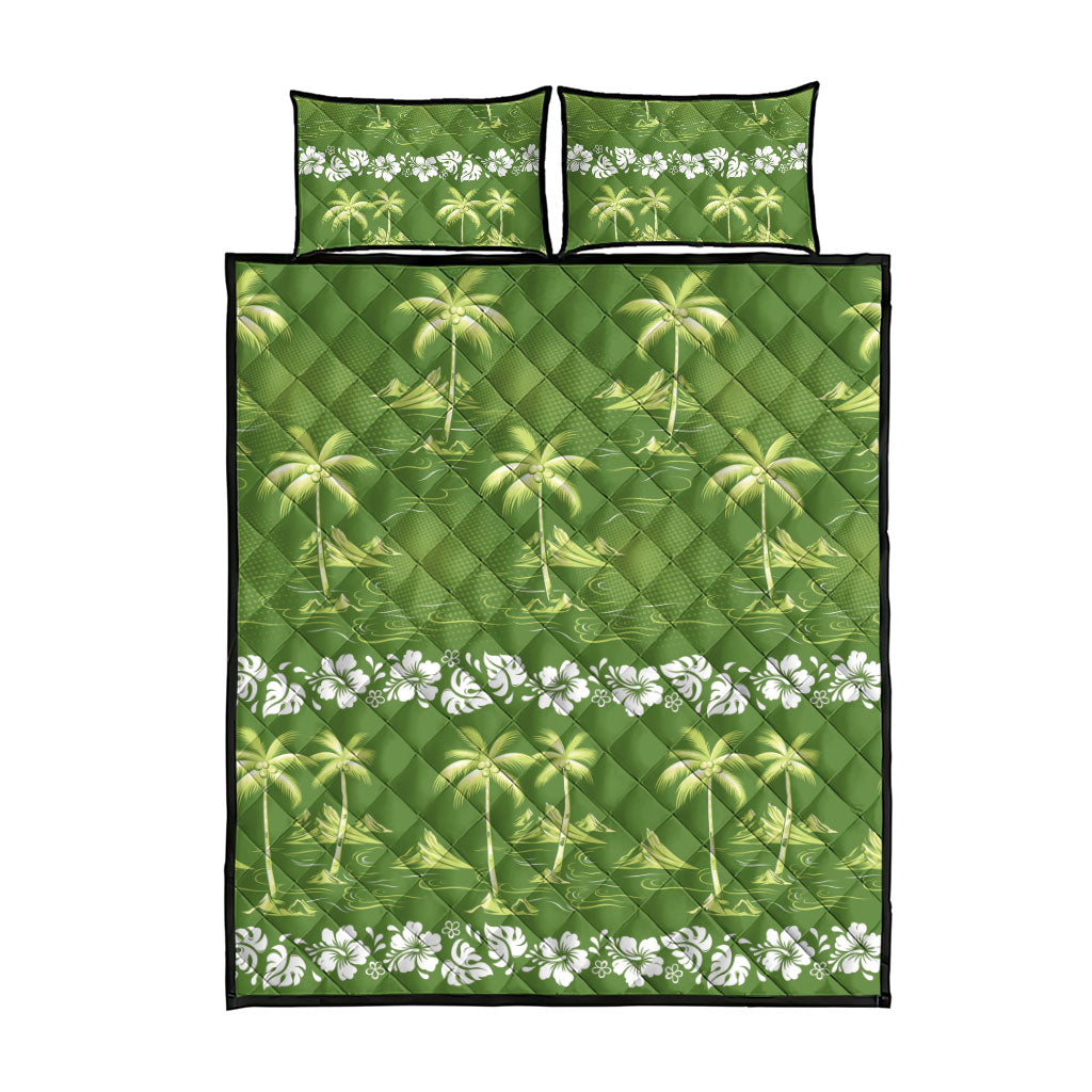 Olive Green Hawaii Palm Tree Hibiscus Quilt Bed Set Fantasy Summer Vibe LT01 - Polynesian Pride
