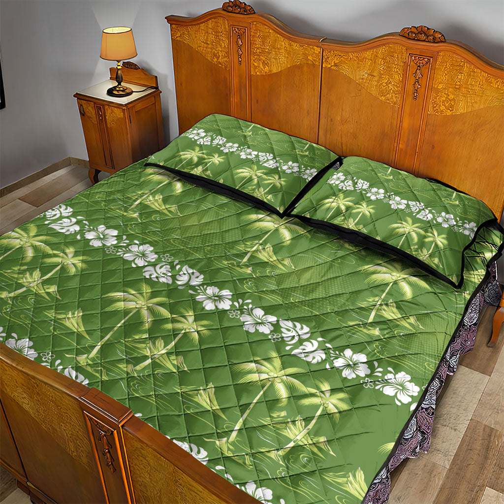 Olive Green Hawaii Palm Tree Hibiscus Quilt Bed Set Fantasy Summer Vibe LT01 - Polynesian Pride