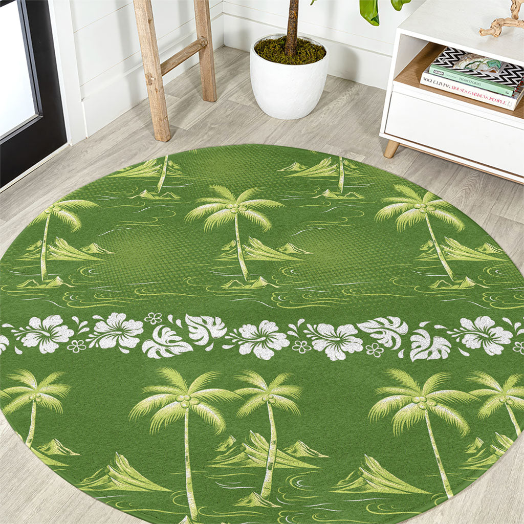 Olive Green Hawaii Palm Tree Hibiscus Round Carpet Fantasy Summer Vibe LT01 Olive - Polynesian Pride