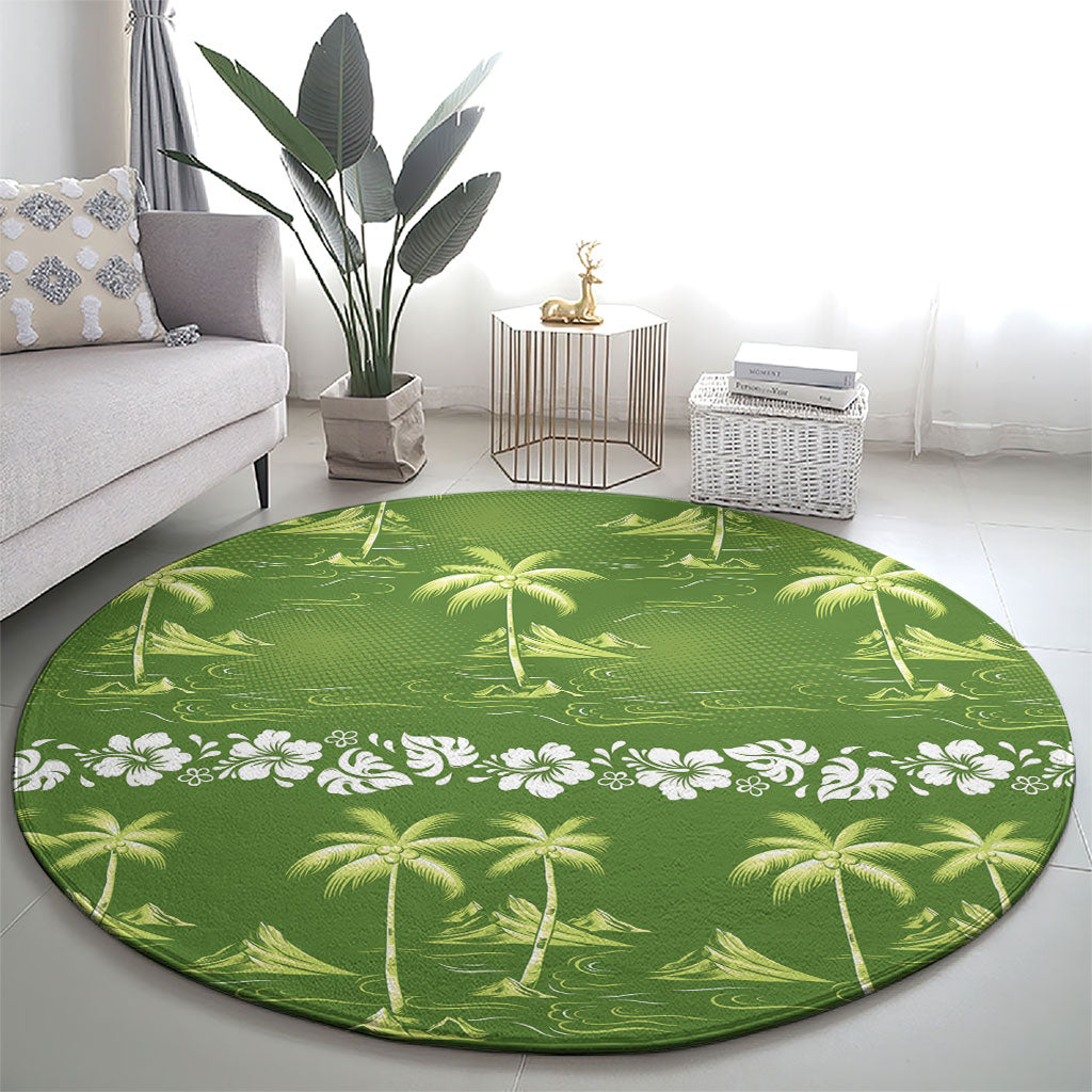 Olive Green Hawaii Palm Tree Hibiscus Round Carpet Fantasy Summer Vibe LT01 - Polynesian Pride