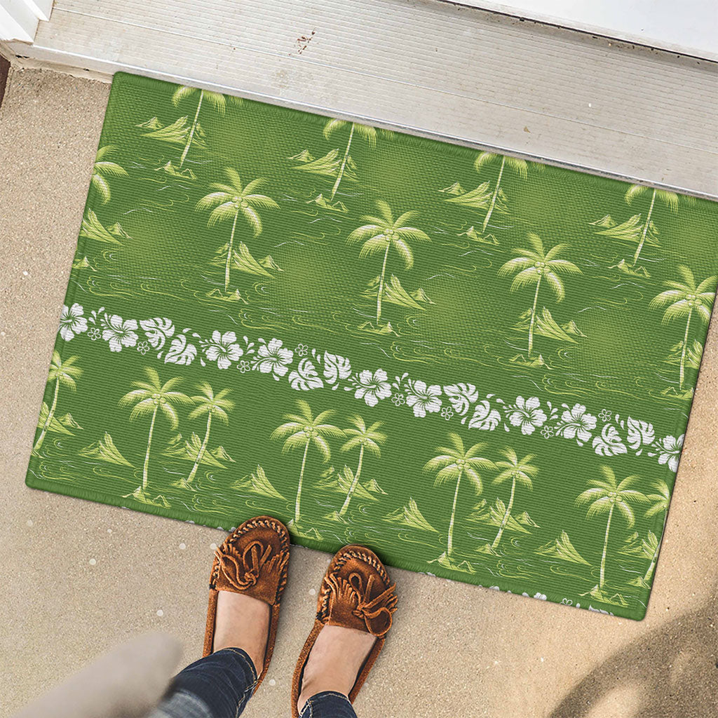 Olive Green Hawaii Palm Tree Hibiscus Rubber Doormat Fantasy Summer Vibe LT01 - Polynesian Pride