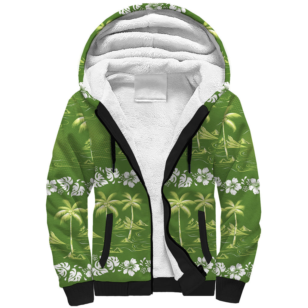 Olive Green Hawaii Palm Tree Hibiscus Sherpa Hoodie Fantasy Summer Vibe LT01 Unisex Olive - Polynesian Pride