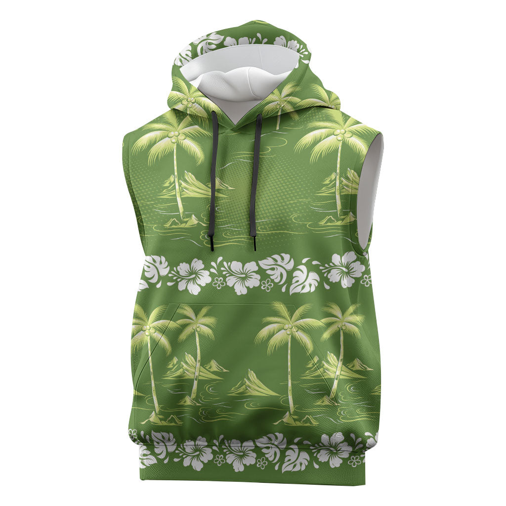 Olive Green Hawaii Palm Tree Hibiscus Sleeveless Hoodie Fantasy Summer Vibe