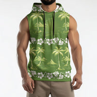 Olive Green Hawaii Palm Tree Hibiscus Sleeveless Hoodie Fantasy Summer Vibe