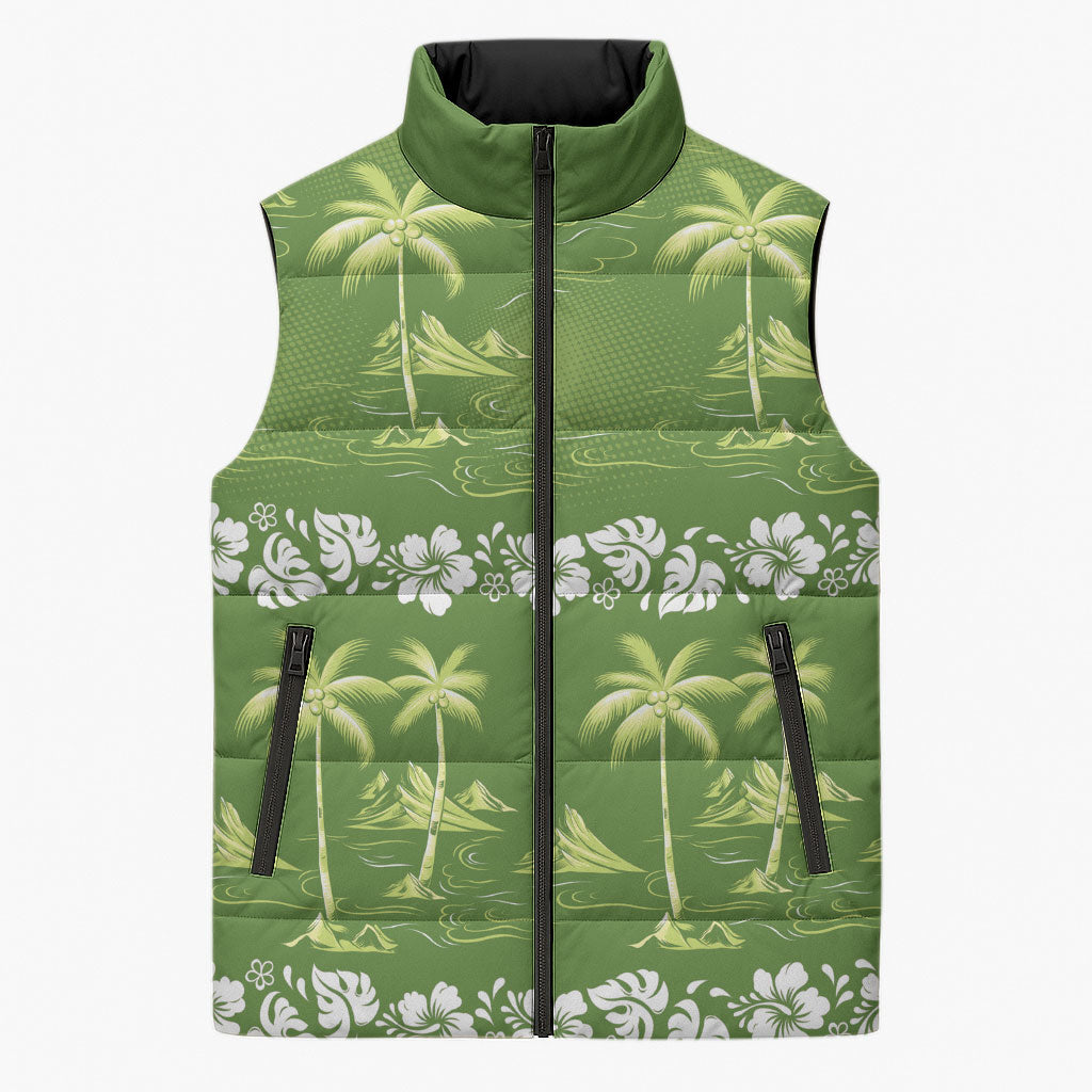 Olive Green Hawaii Palm Tree Hibiscus Sleeveless Puffer Jacket Fantasy Summer Vibe LT01 Unisex Olive - Polynesian Pride