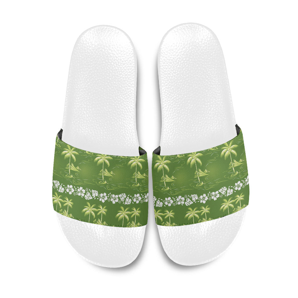 Olive Green Hawaii Palm Tree Hibiscus Slide Sandals Fantasy Summer Vibe LT01 Olive - Polynesian Pride