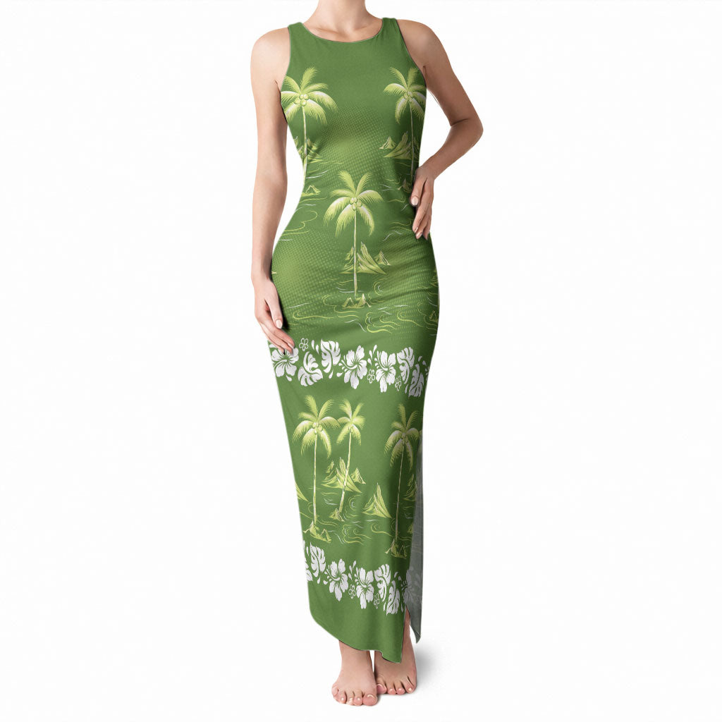 Olive Green Hawaii Palm Tree Hibiscus Tank Maxi Dress Fantasy Summer Vibe LT01 Women Olive - Polynesian Pride