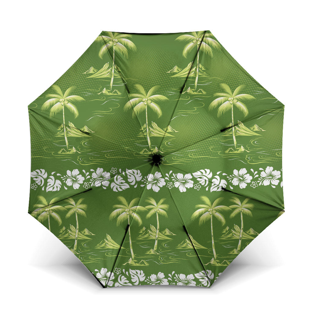 Olive Green Hawaii Palm Tree Hibiscus Umbrella Fantasy Summer Vibe LT01 One Size Folded 11.42 inch Opened Diameter 37.4 inch Olive - Polynesian Pride