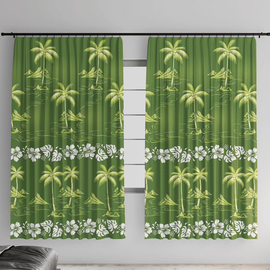 Olive Green Hawaii Palm Tree Hibiscus Window Curtain Fantasy Summer Vibe LT01 With Hooks Olive - Polynesian Pride
