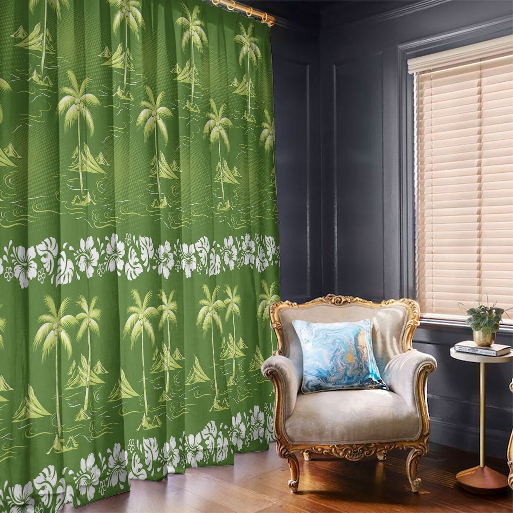 Olive Green Hawaii Palm Tree Hibiscus Window Curtain Fantasy Summer Vibe LT01 - Polynesian Pride