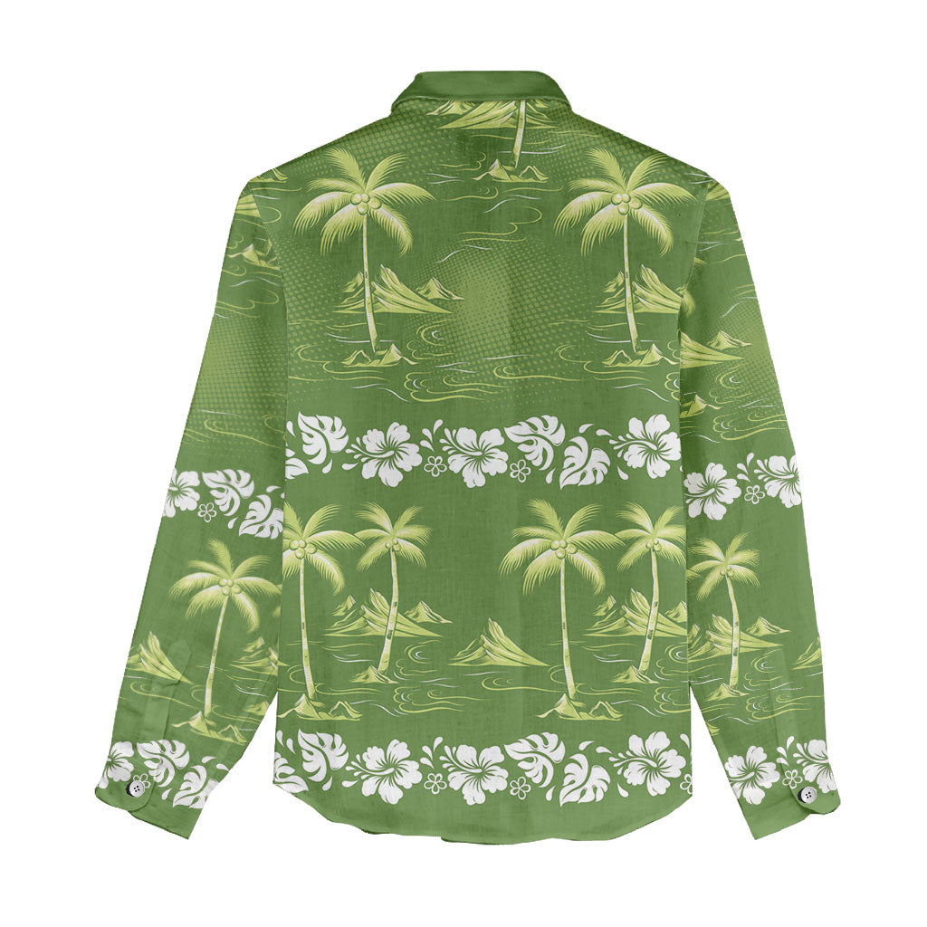 Olive Green Hawaii Palm Tree Hibiscus Women Casual Shirt Fantasy Summer Vibe LT01 - Polynesian Pride