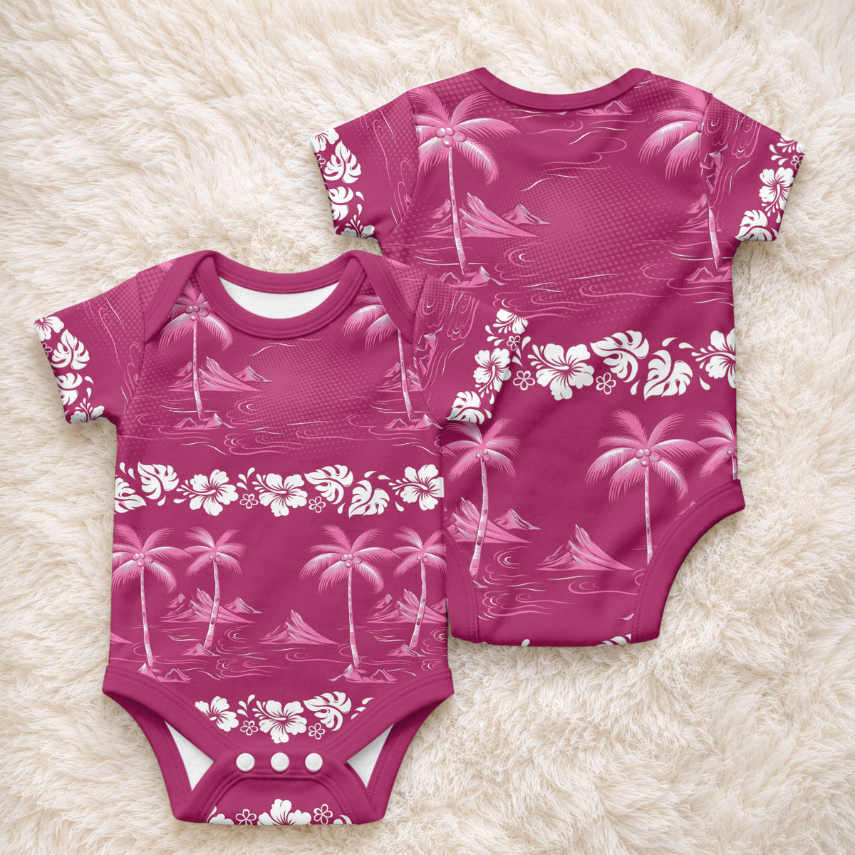 Pink Hawaii Palm Tree Hibiscus Baby Onesie Fantasy Summer Vibe