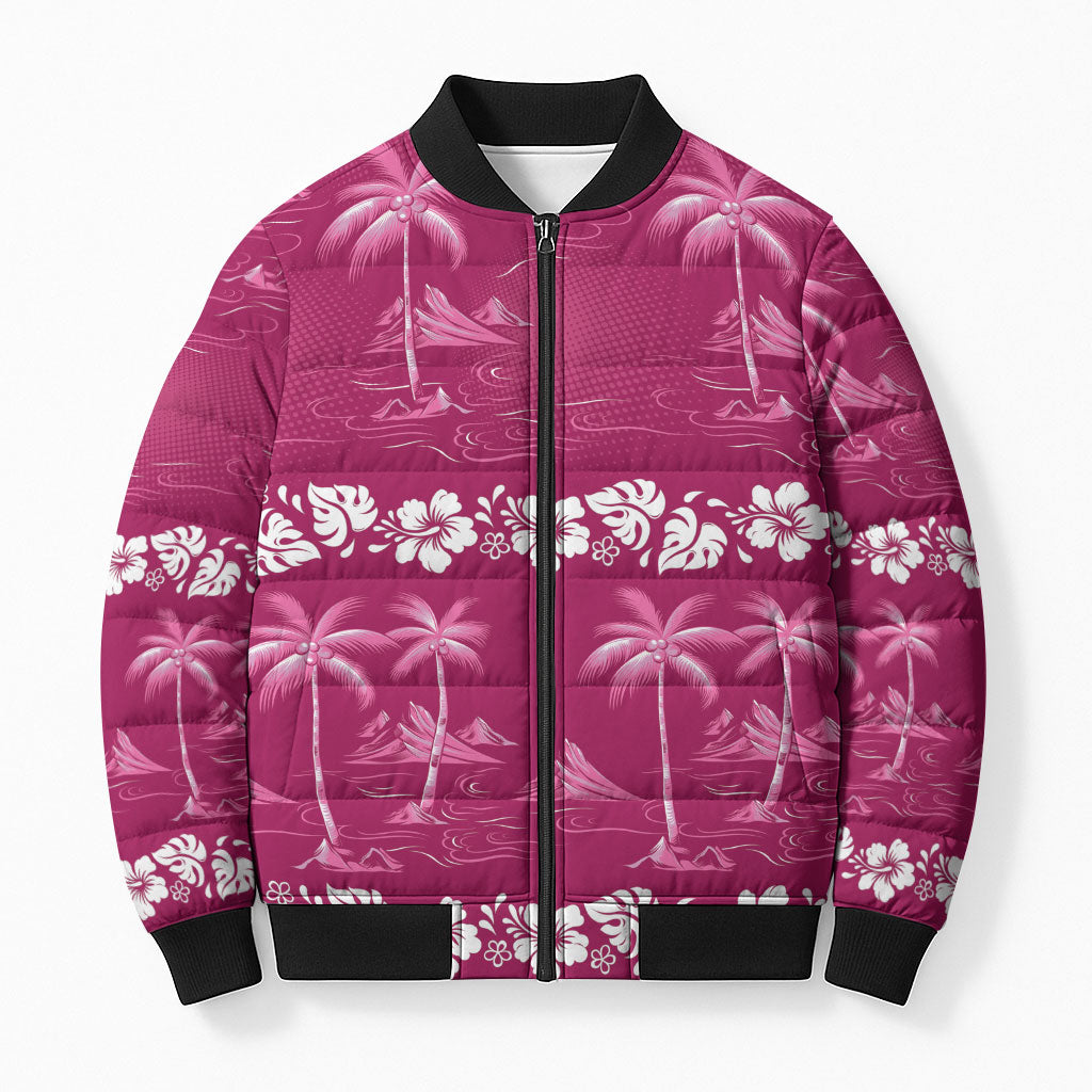 Pink Hawaii Palm Tree Hibiscus Bomber Puffer Jacket Fantasy Summer Vibe LT01 Unisex Pink - Polynesian Pride