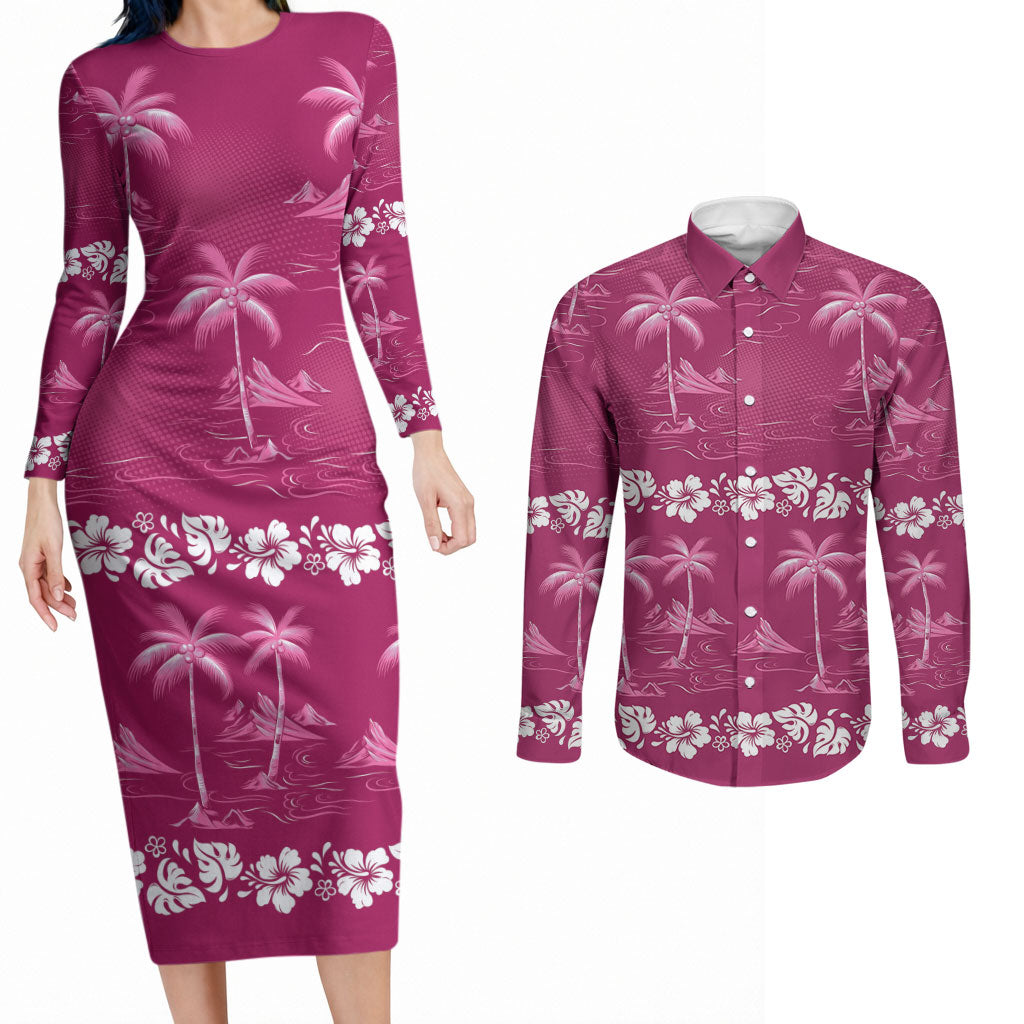 Pink Hawaii Palm Tree Hibiscus Couples Matching Long Sleeve Bodycon Dress and Long Sleeve Button Shirt Fantasy Summer Vibe LT01 Pink - Polynesian Pride