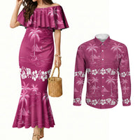 Pink Hawaii Palm Tree Hibiscus Couples Matching Mermaid Dress and Long Sleeve Button Shirt Fantasy Summer Vibe LT01 Pink - Polynesian Pride