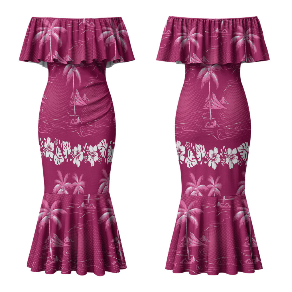 Pink Hawaii Palm Tree Hibiscus Couples Matching Mermaid Dress and Long Sleeve Button Shirt Fantasy Summer Vibe LT01 - Polynesian Pride