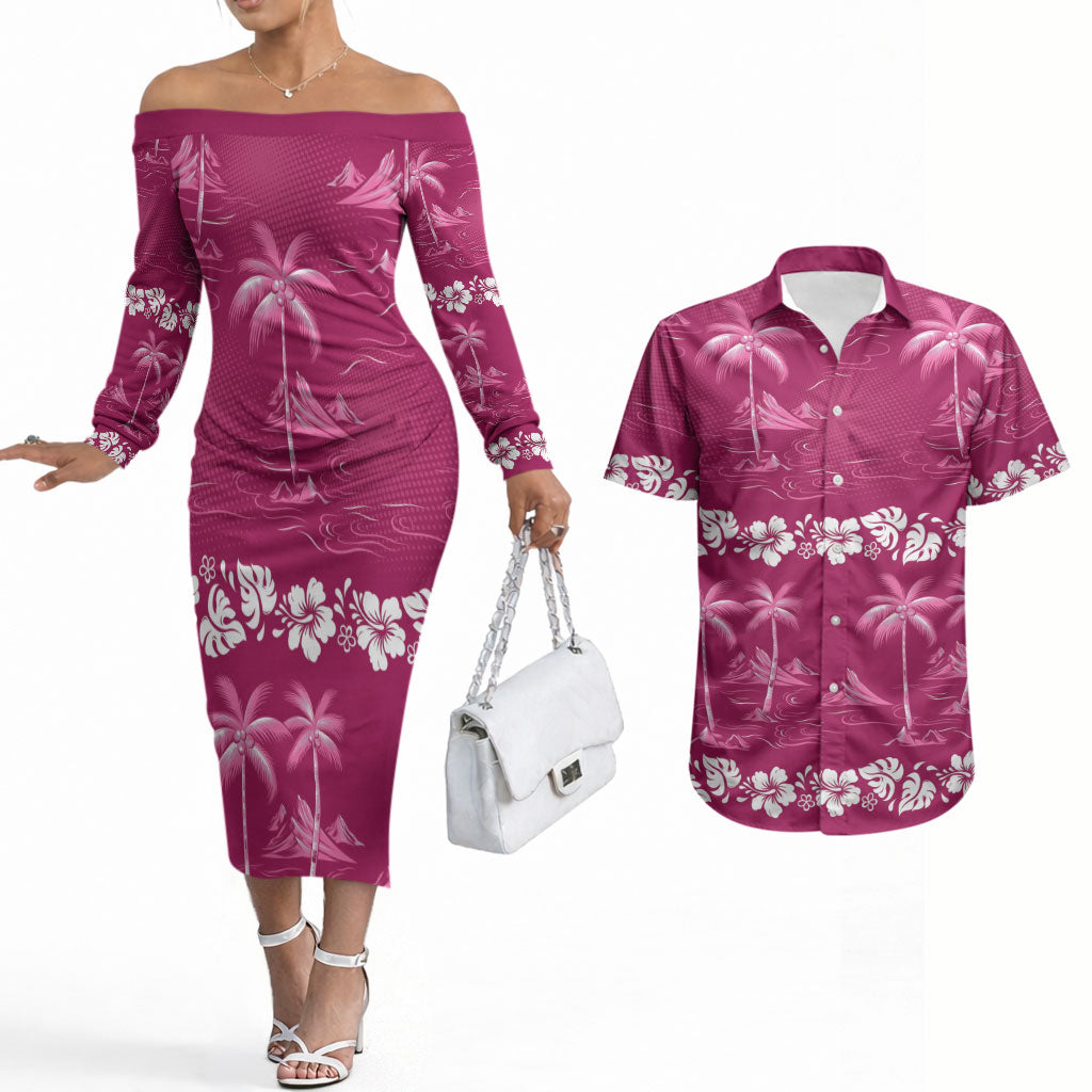 Pink Hawaii Palm Tree Hibiscus Couples Matching Off The Shoulder Long Sleeve Dress and Hawaiian Shirt Fantasy Summer Vibe LT01 Pink - Polynesian Pride
