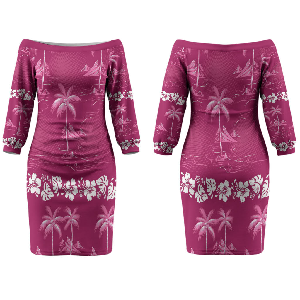 Pink Hawaii Palm Tree Hibiscus Couples Matching Off The Shoulder Long Sleeve Dress and Hawaiian Shirt Fantasy Summer Vibe LT01 - Polynesian Pride