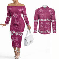 Pink Hawaii Palm Tree Hibiscus Couples Matching Off The Shoulder Long Sleeve Dress and Long Sleeve Button Shirt Fantasy Summer Vibe LT01 Pink - Polynesian Pride