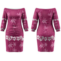 Pink Hawaii Palm Tree Hibiscus Couples Matching Off The Shoulder Long Sleeve Dress and Long Sleeve Button Shirt Fantasy Summer Vibe LT01 - Polynesian Pride