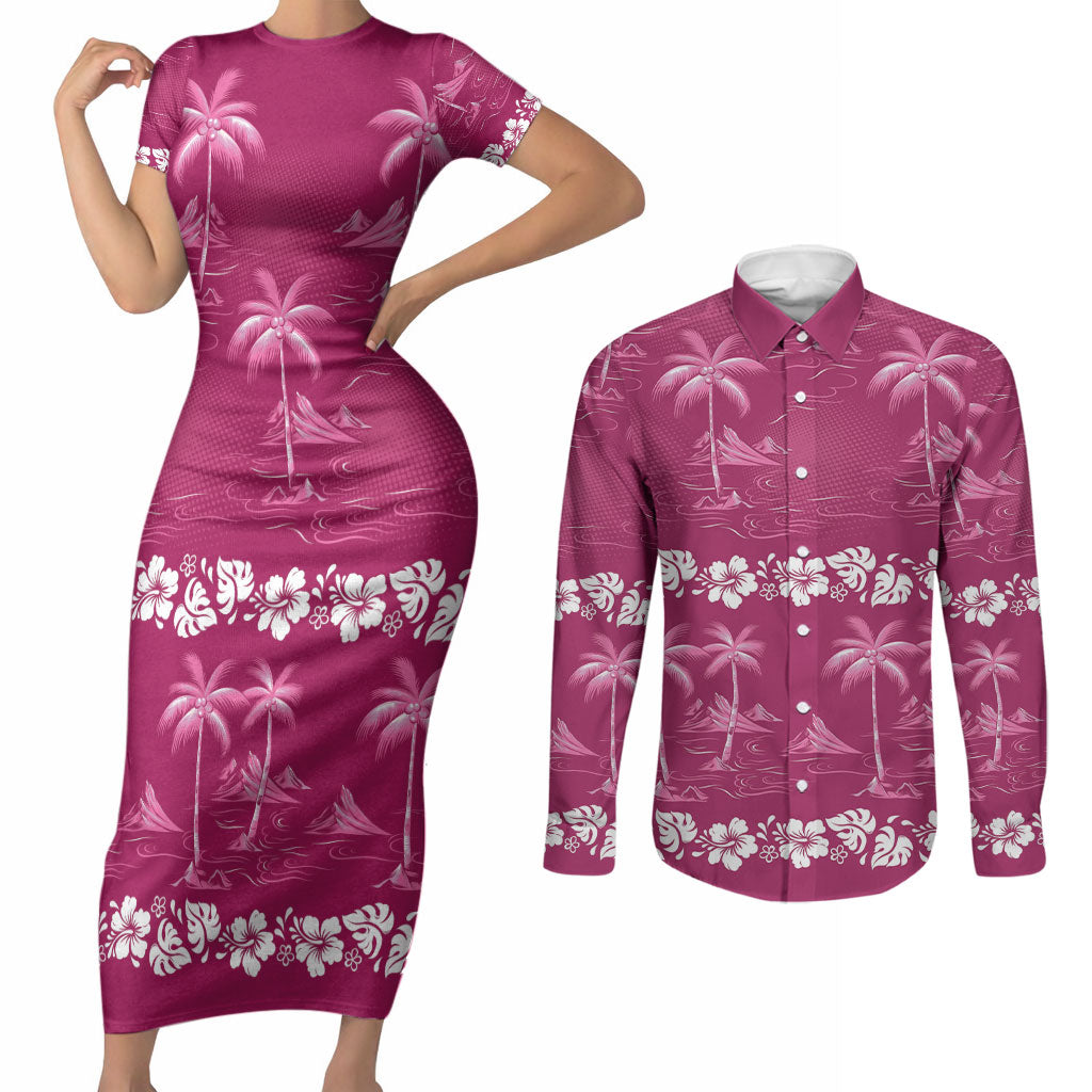 Pink Hawaii Palm Tree Hibiscus Couples Matching Short Sleeve Bodycon Dress and Long Sleeve Button Shirt Fantasy Summer Vibe LT01 Pink - Polynesian Pride