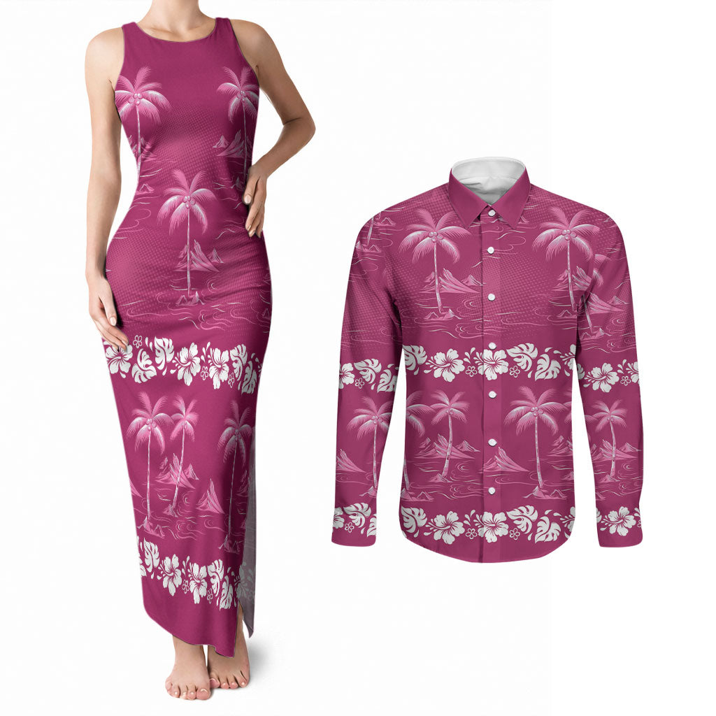 Pink Hawaii Palm Tree Hibiscus Couples Matching Tank Maxi Dress and Long Sleeve Button Shirt Fantasy Summer Vibe LT01 Pink - Polynesian Pride