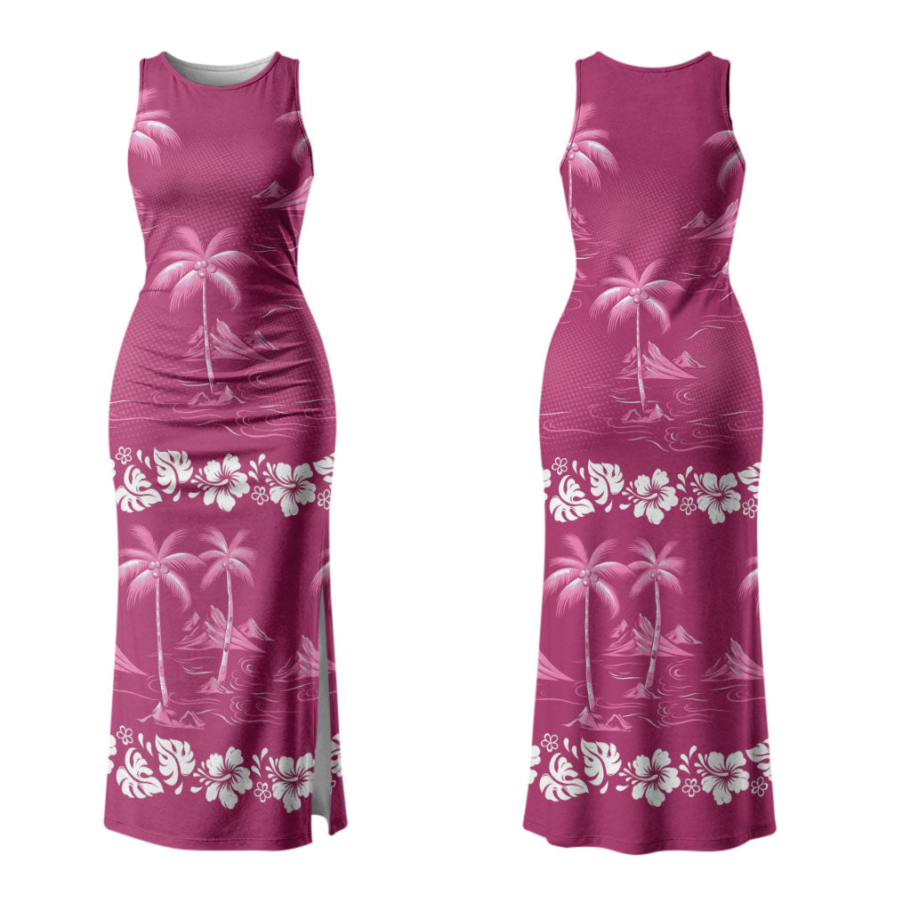 Pink Hawaii Palm Tree Hibiscus Couples Matching Tank Maxi Dress and Long Sleeve Button Shirt Fantasy Summer Vibe LT01 - Polynesian Pride