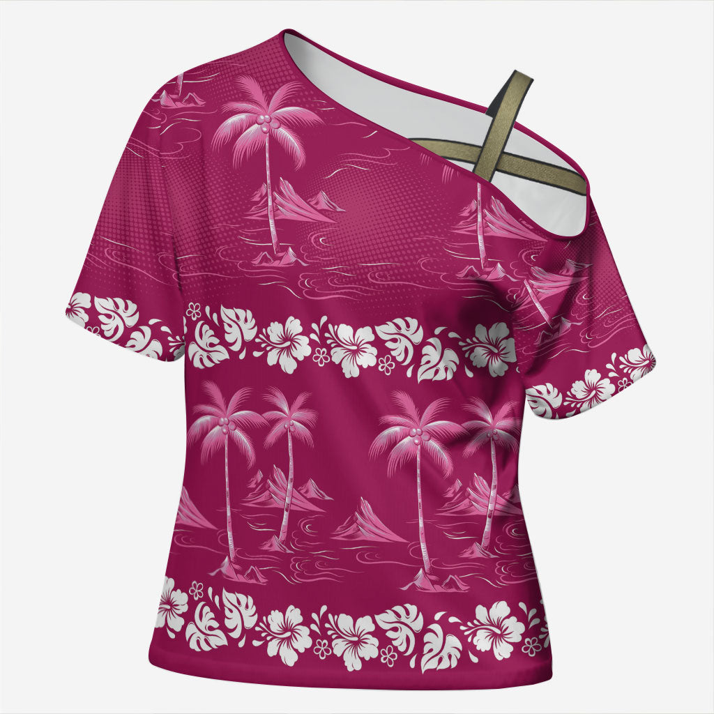 Pink Hawaii Palm Tree Hibiscus Cross Shoulder Shirt Fantasy Summer Vibe LT01 Female Pink - Polynesian Pride