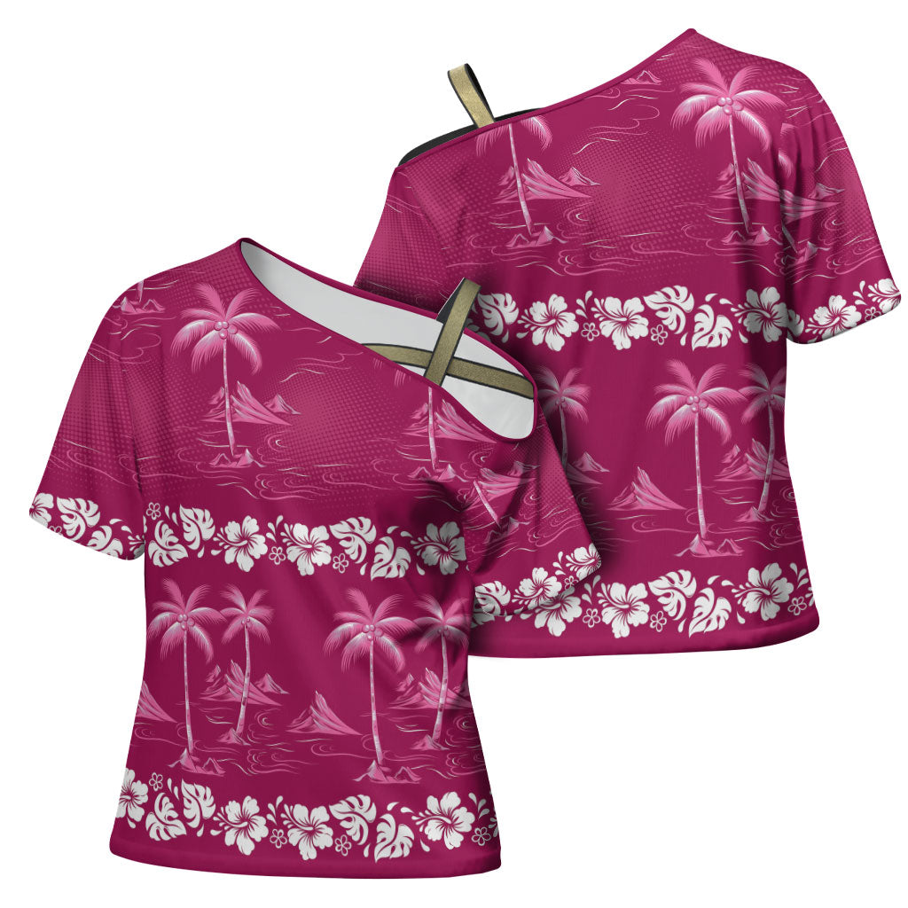 Pink Hawaii Palm Tree Hibiscus Cross Shoulder Shirt Fantasy Summer Vibe LT01 - Polynesian Pride