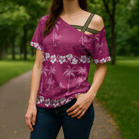 Pink Hawaii Palm Tree Hibiscus Cross Shoulder Shirt Fantasy Summer Vibe LT01 - Polynesian Pride