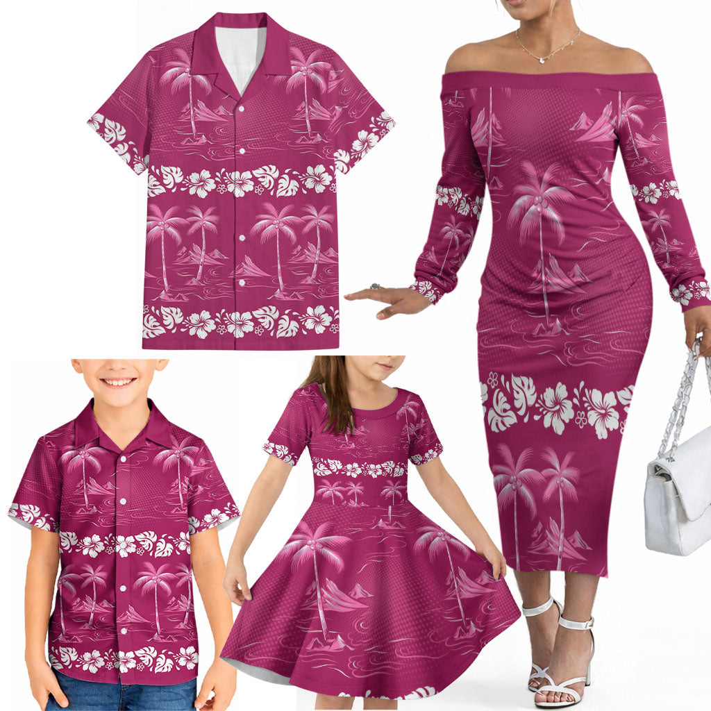 Pink Hawaii Palm Tree Hibiscus Family Matching Off The Shoulder Long Sleeve Dress and Hawaiian Shirt Fantasy Summer Vibe LT01 - Polynesian Pride