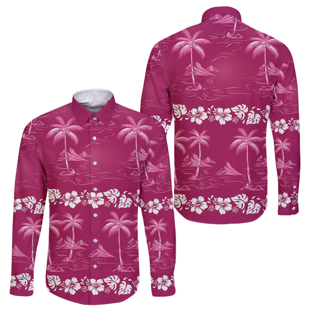 Pink Hawaii Palm Tree Hibiscus Family Matching Off Shoulder Maxi Dress and Hawaiian Shirt Fantasy Summer Vibe LT01 Dad's Shirt - Long Sleeve Pink - Polynesian Pride