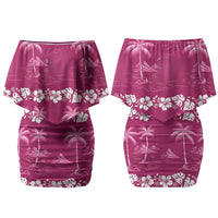 Pink Hawaii Palm Tree Hibiscus Family Matching Off Shoulder Short Dress and Hawaiian Shirt Fantasy Summer Vibe LT01 Mom's Dress Pink - Polynesian Pride
