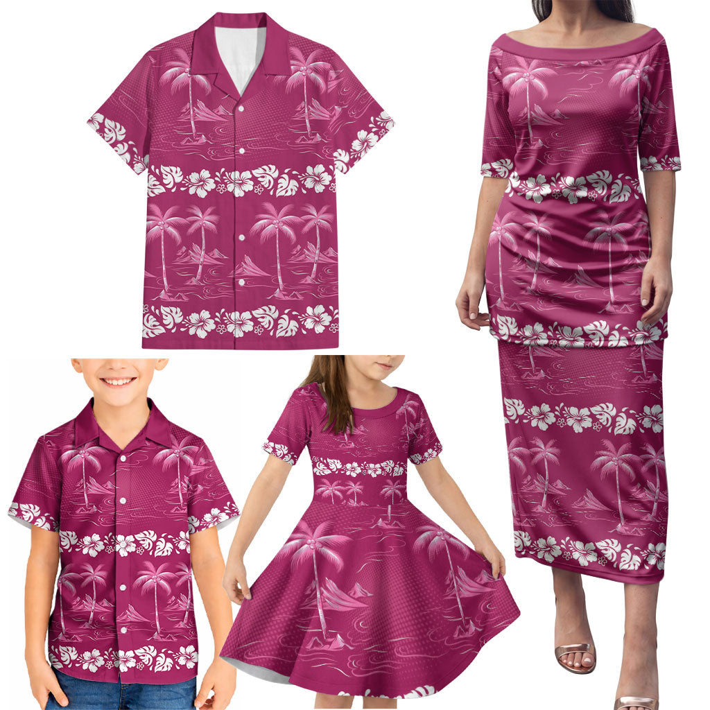 Pink Hawaii Palm Tree Hibiscus Family Matching Puletasi and Hawaiian Shirt Fantasy Summer Vibe