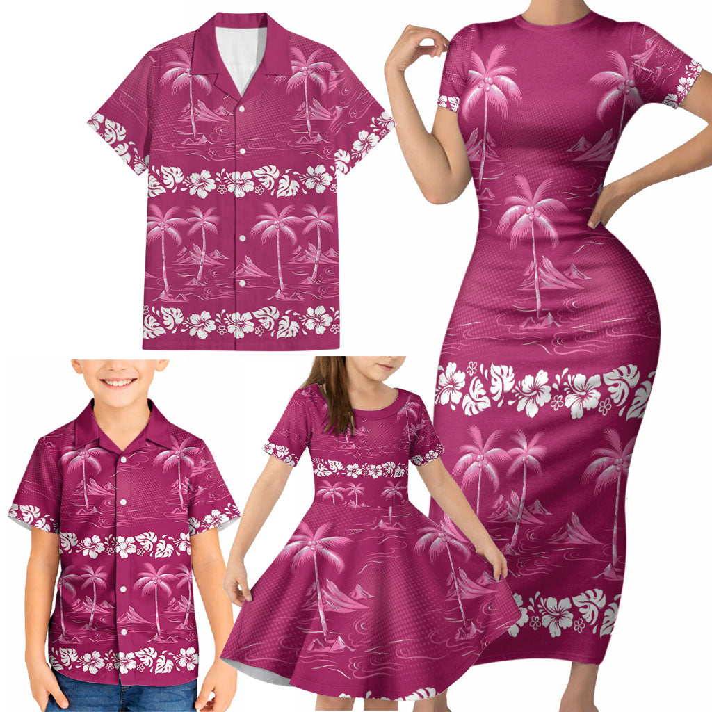 Pink Hawaii Palm Tree Hibiscus Family Matching Short Sleeve Bodycon Dress and Hawaiian Shirt Fantasy Summer Vibe
