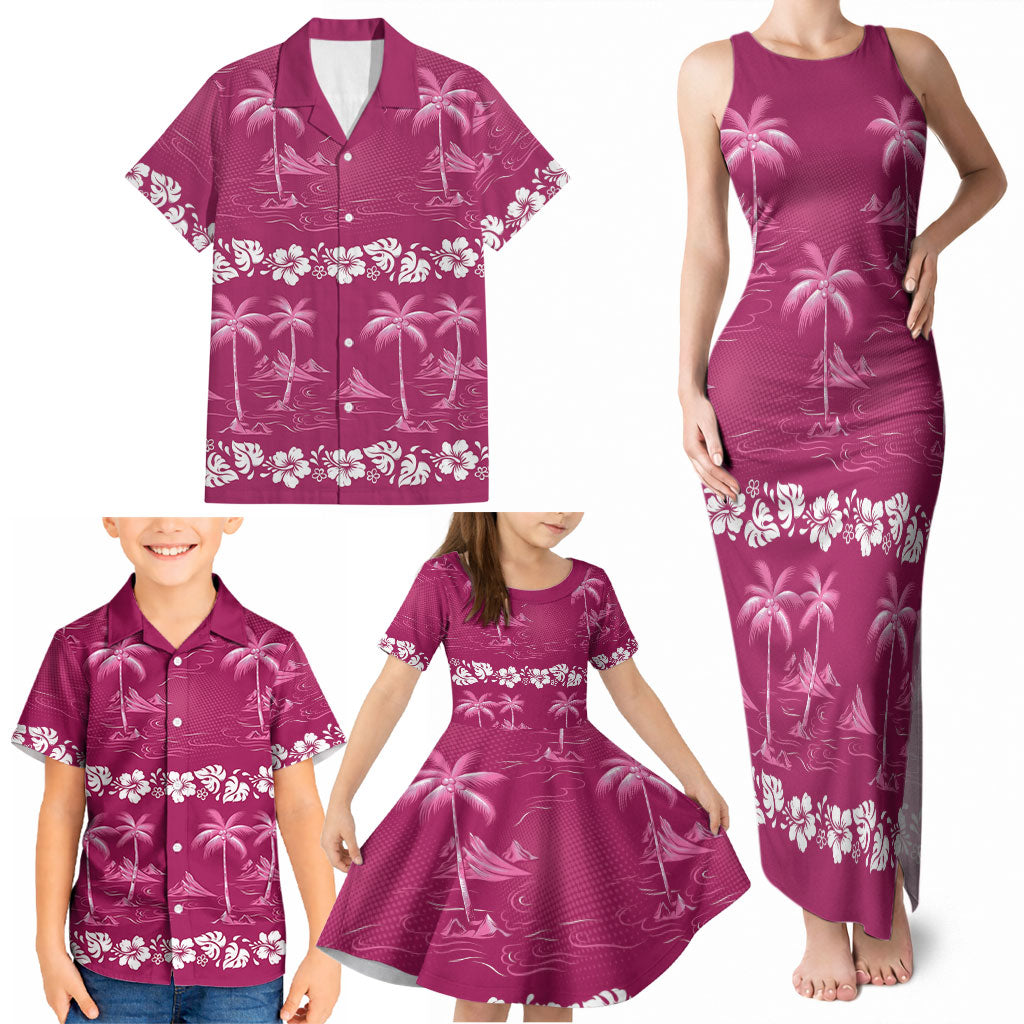 Pink Hawaii Palm Tree Hibiscus Family Matching Tank Maxi Dress and Hawaiian Shirt Fantasy Summer Vibe LT01 - Polynesian Pride
