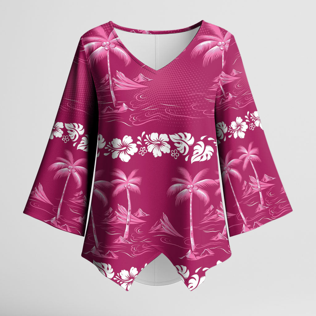 Pink Hawaii Palm Tree Hibiscus Kimono Sleeve Blouse Fantasy Summer Vibe LT01 Female Pink - Polynesian Pride