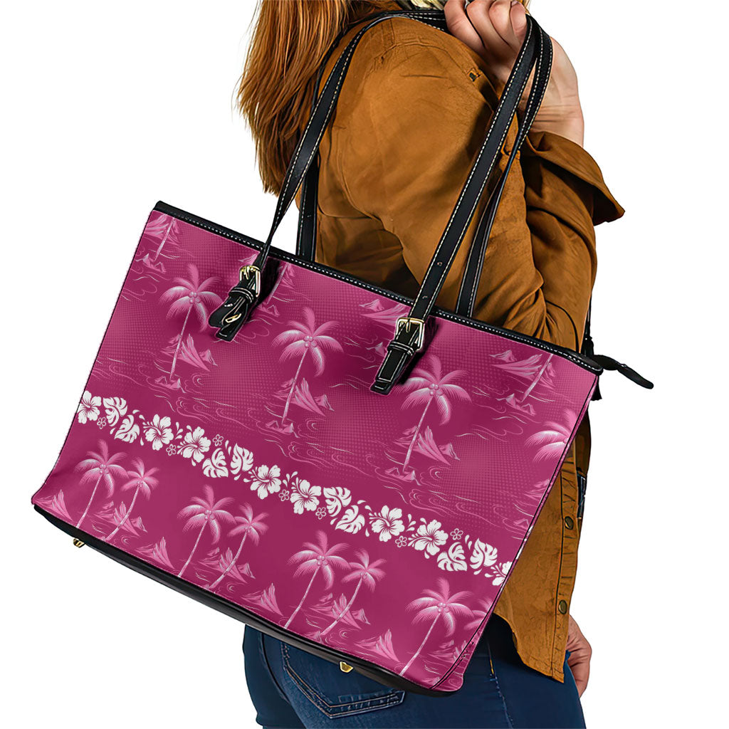 Pink Hawaii Palm Tree Hibiscus Leather Tote Bag Fantasy Summer Vibe LT01 - Polynesian Pride