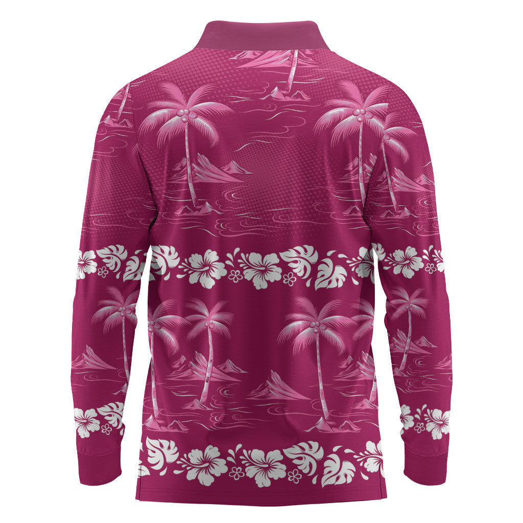 Pink Hawaii Palm Tree Hibiscus Long Sleeve Polo Shirt Fantasy Summer Vibe LT01 - Polynesian Pride