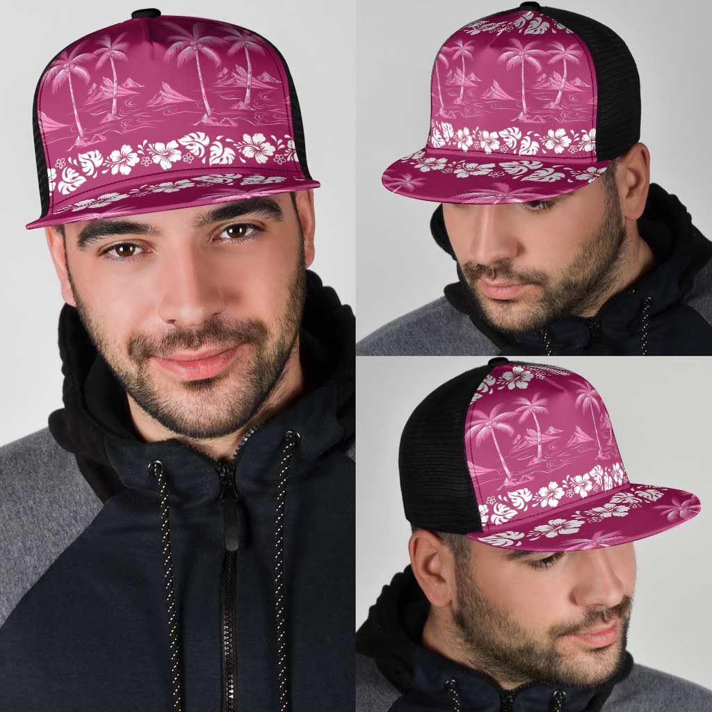 Pink Hawaii Palm Tree Hibiscus Mesh Trucker Cap Fantasy Summer Vibe