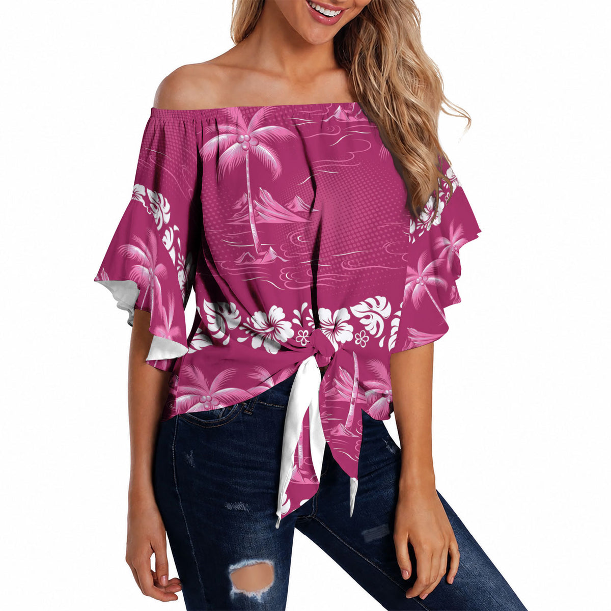 Pink Hawaii Palm Tree Hibiscus Off Shoulder Wrap Waist Top Fantasy Summer Vibe LT01 Pink - Polynesian Pride