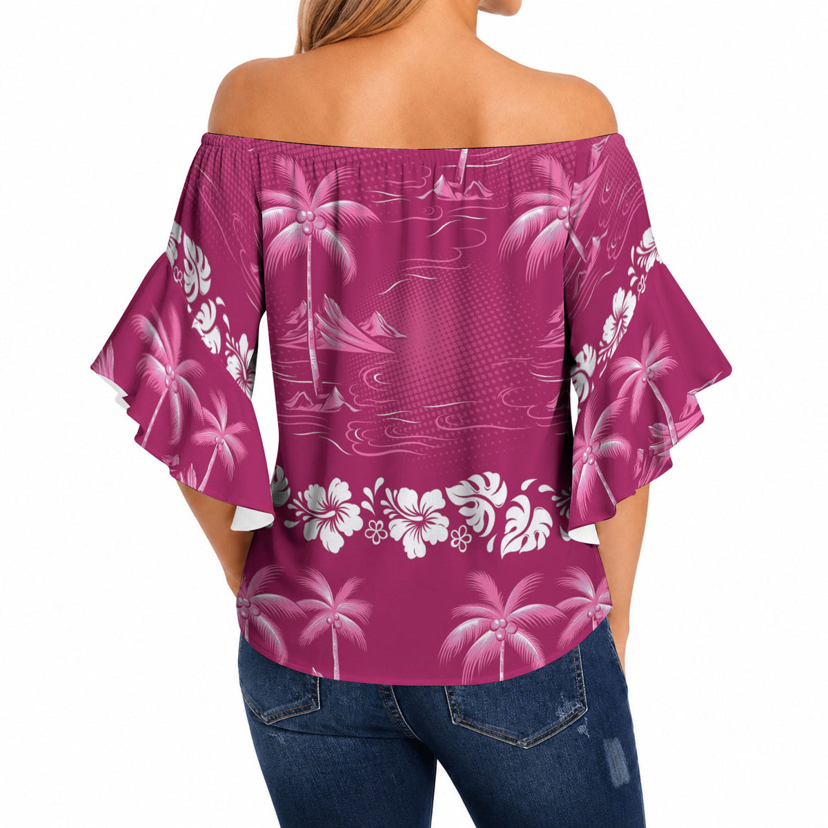 Pink Hawaii Palm Tree Hibiscus Off Shoulder Wrap Waist Top Fantasy Summer Vibe LT01 - Polynesian Pride