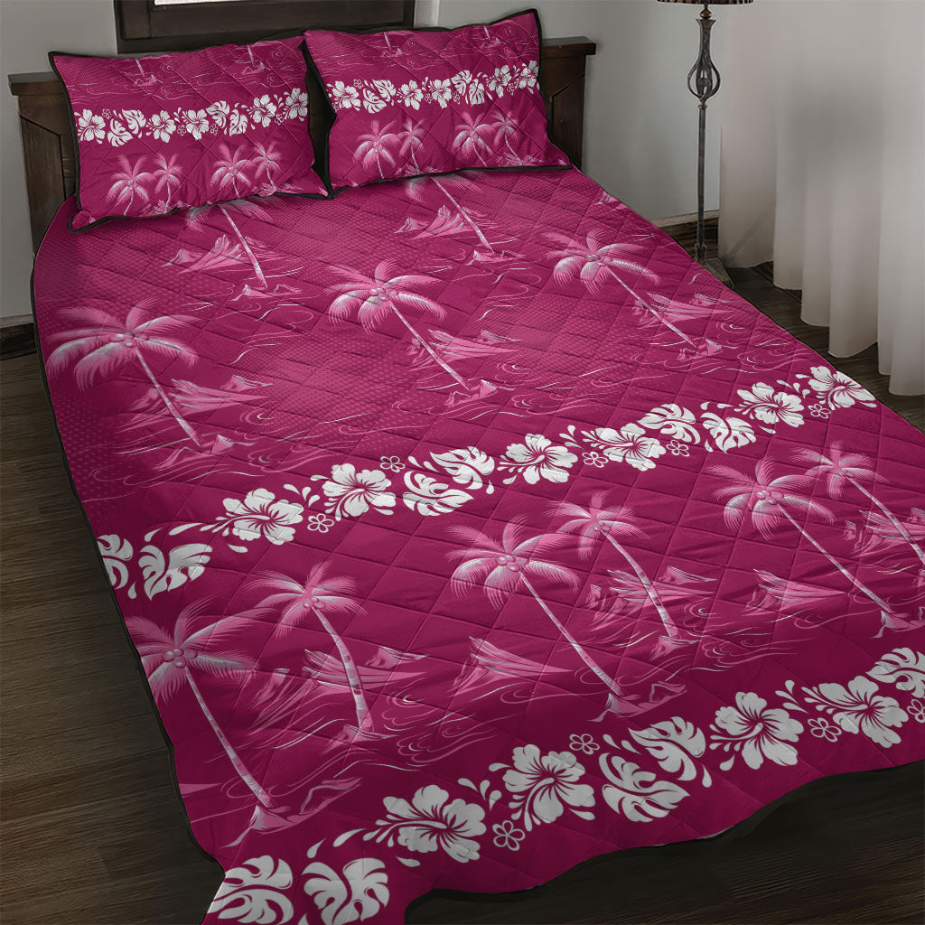 Pink Hawaii Palm Tree Hibiscus Quilt Bed Set Fantasy Summer Vibe LT01 Pink - Polynesian Pride