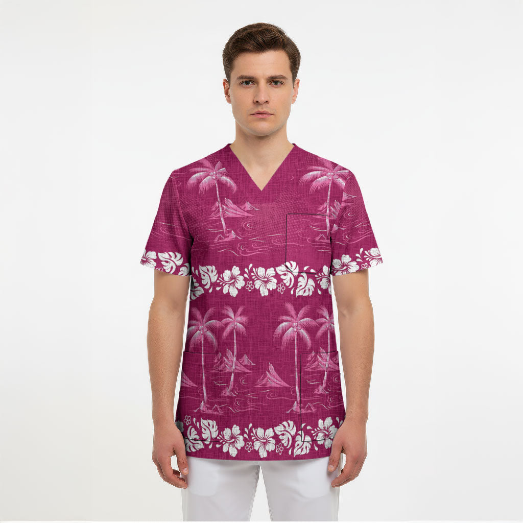 Pink Hawaii Palm Tree Hibiscus Scrub Top Fantasy Summer Vibe LT01 - Polynesian Pride