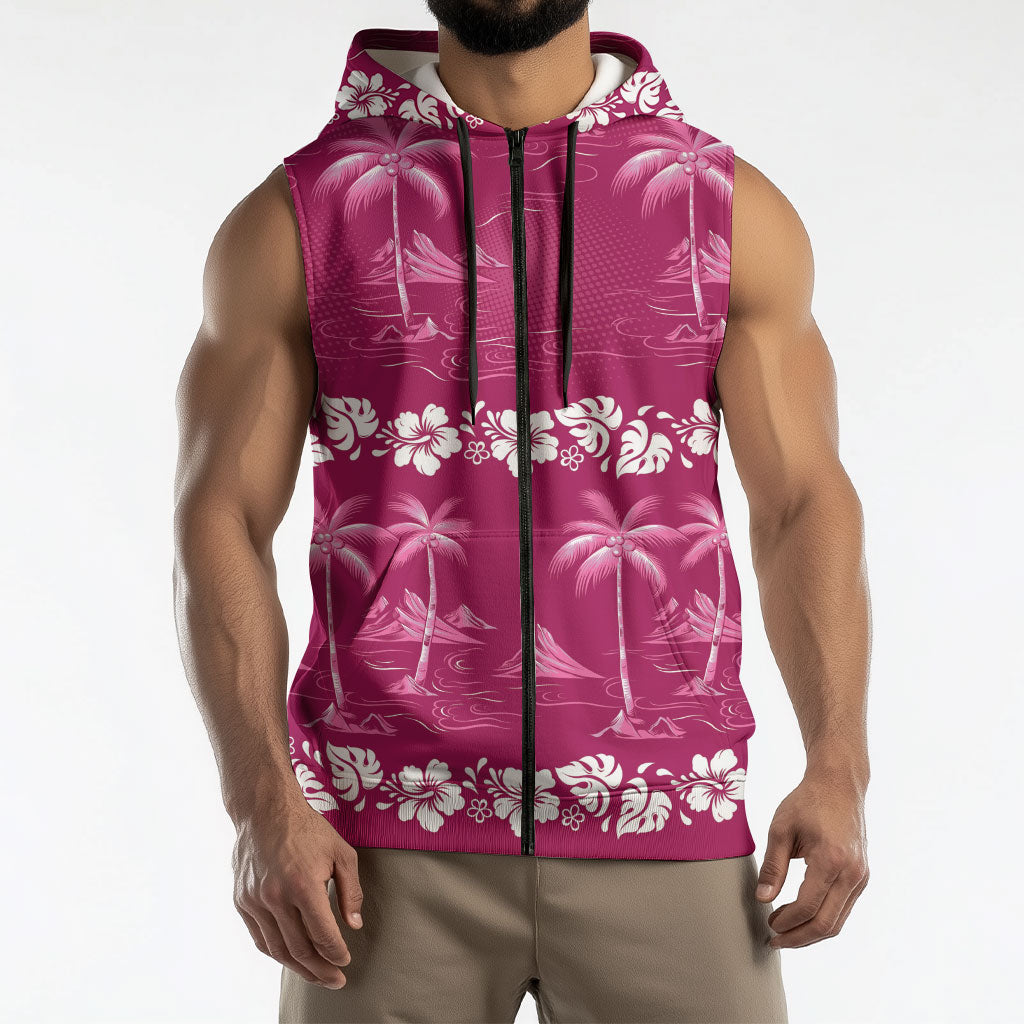 Pink Hawaii Palm Tree Hibiscus Sleeveless Zip Hoodie Fantasy Summer Vibe LT01 - Polynesian Pride