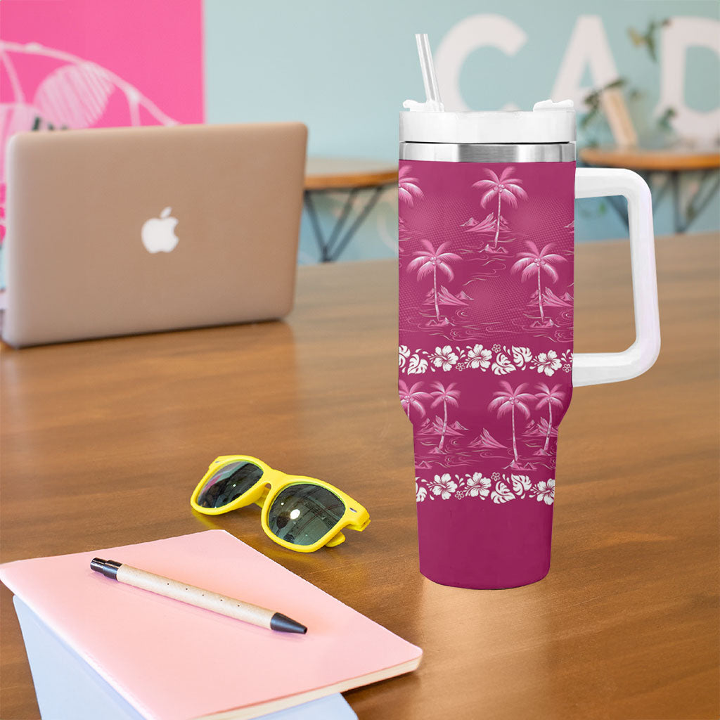 Pink Hawaii Palm Tree Hibiscus Tumbler With Handle Fantasy Summer Vibe LT01 - Polynesian Pride