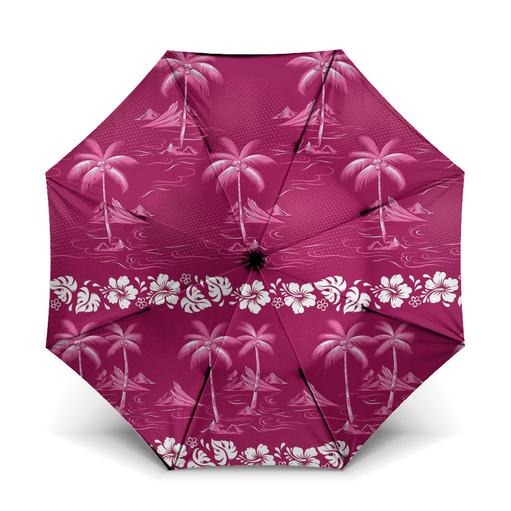Pink Hawaii Palm Tree Hibiscus Umbrella Fantasy Summer Vibe LT01 One Size Folded 11.42 inch Opened Diameter 37.4 inch Pink - Polynesian Pride