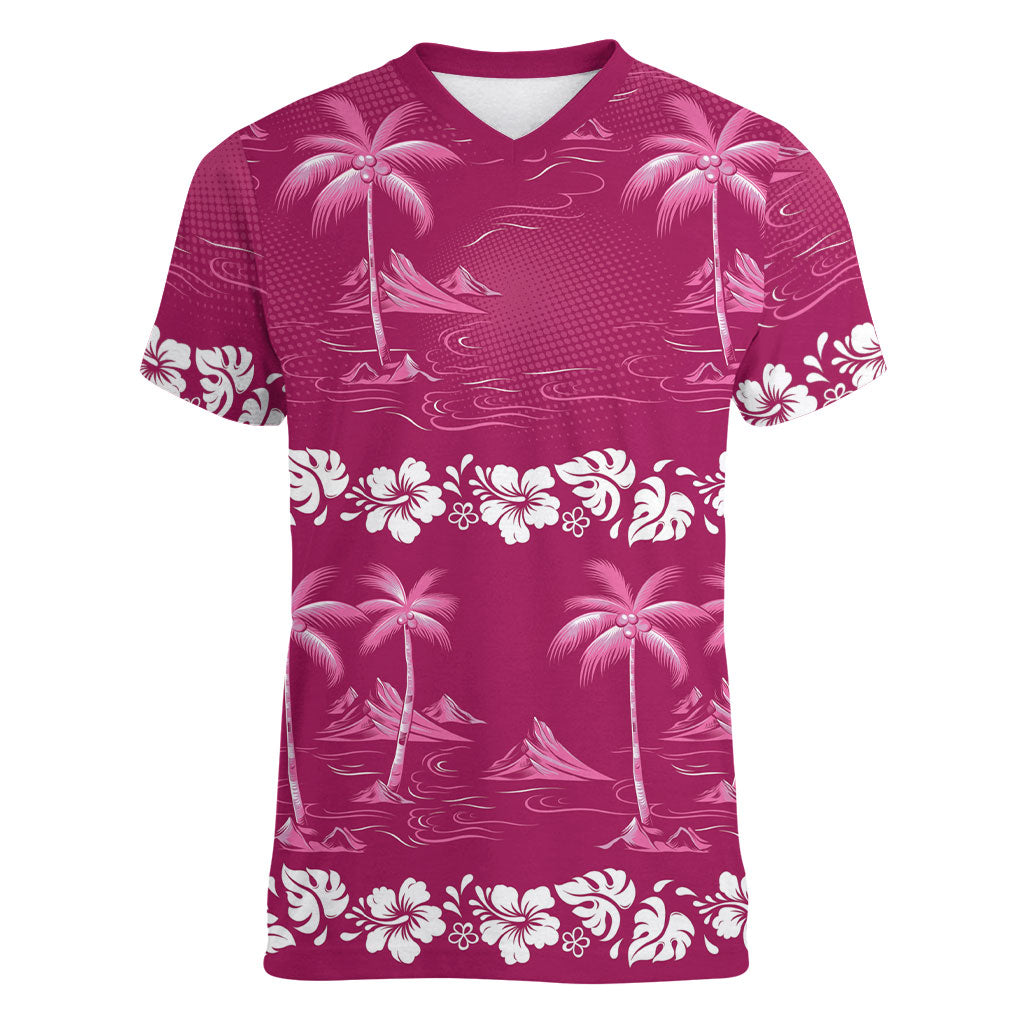 Pink Hawaii Palm Tree Hibiscus Women V-Neck T-Shirt Fantasy Summer Vibe LT01 Female Pink - Polynesian Pride