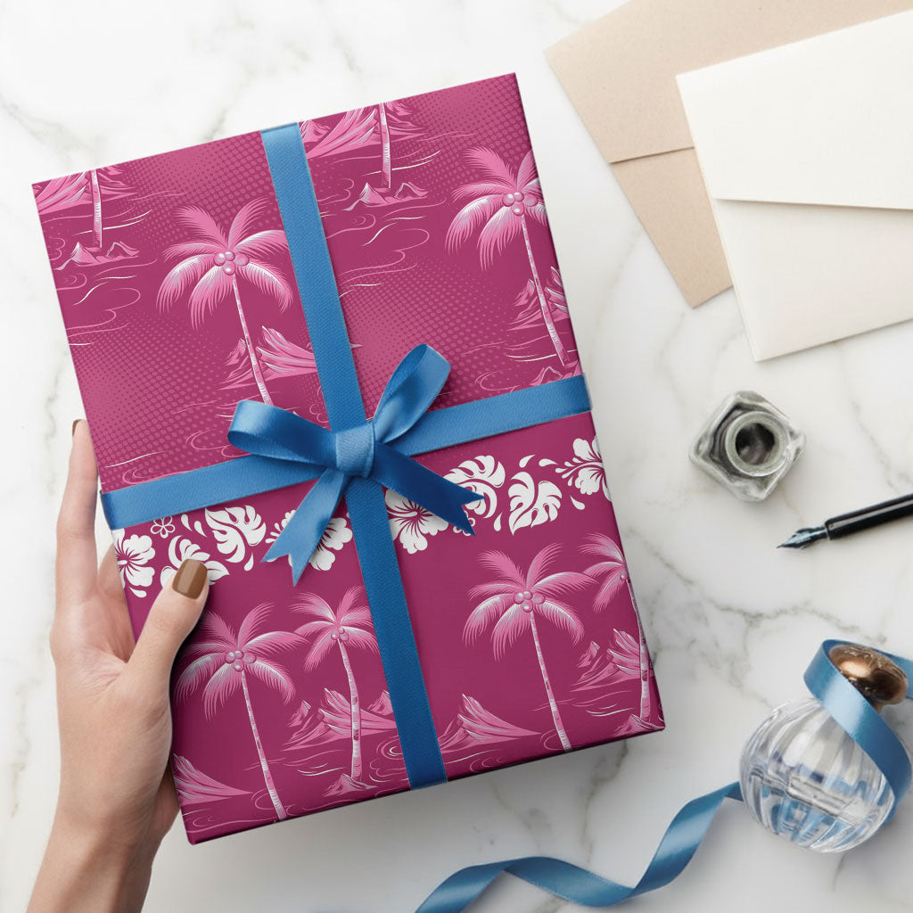Pink Hawaii Palm Tree Hibiscus Wrapping Paper Fantasy Summer Vibe LT01 - Polynesian Pride